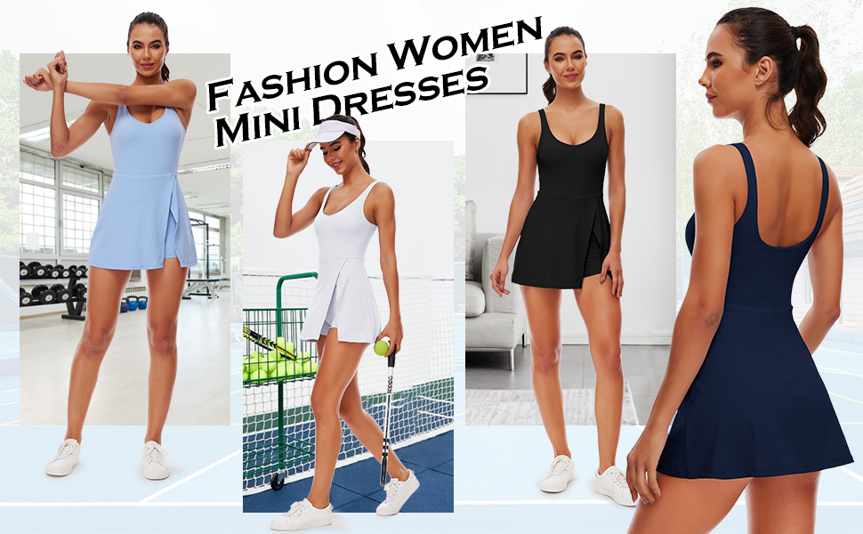 Women's Mini Dress Tennis Skirt U Neck Sleeveless Sports Skirt Side Slit Flared Gym Skirt