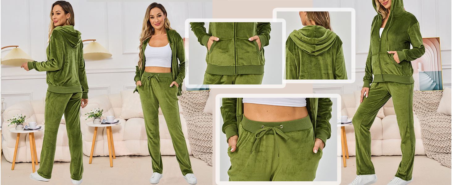 Olive Green Women's Casual Velvet Tracksuit